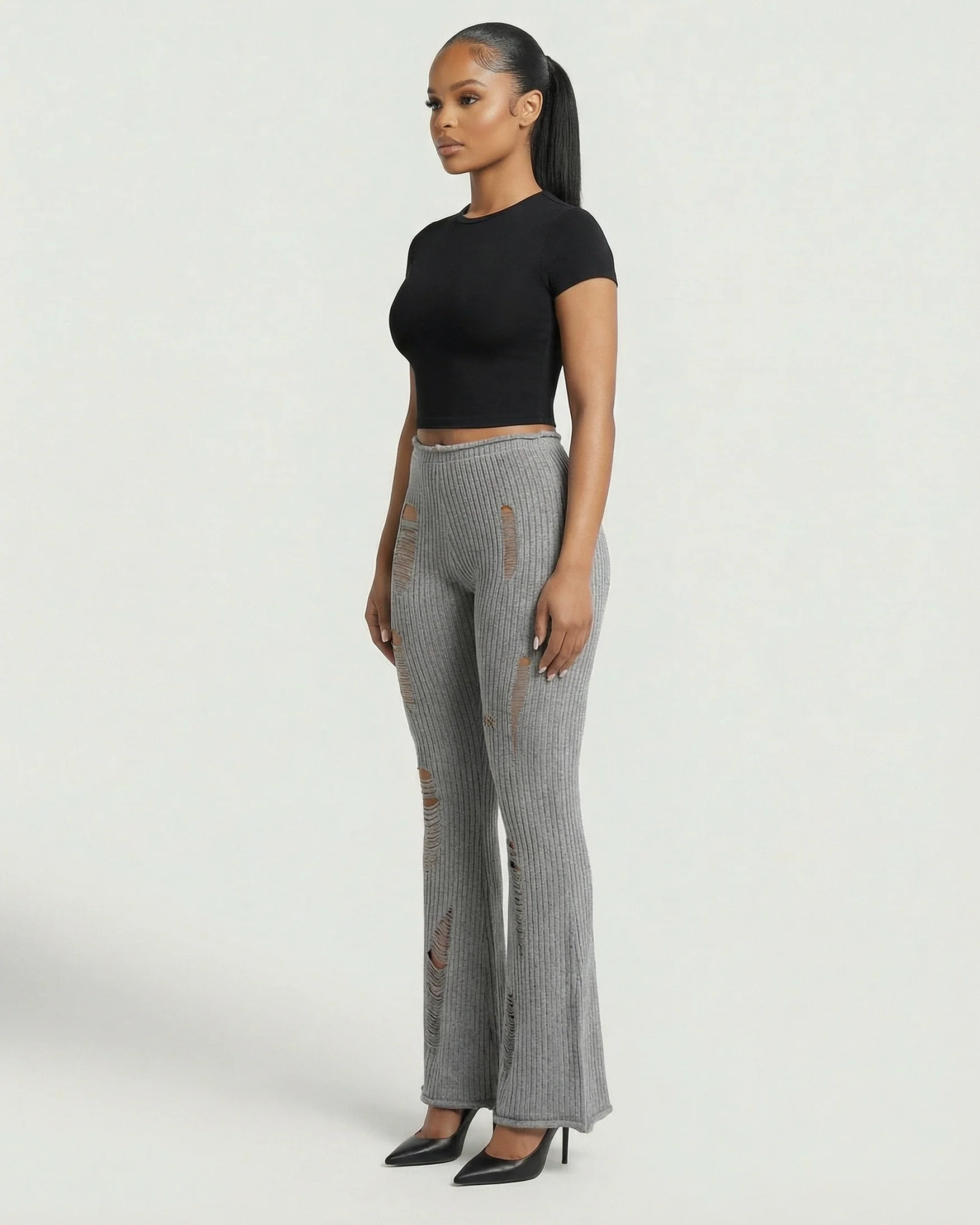 ALOMA Ripped Ribbed Knit Flared Pants - Image 3
