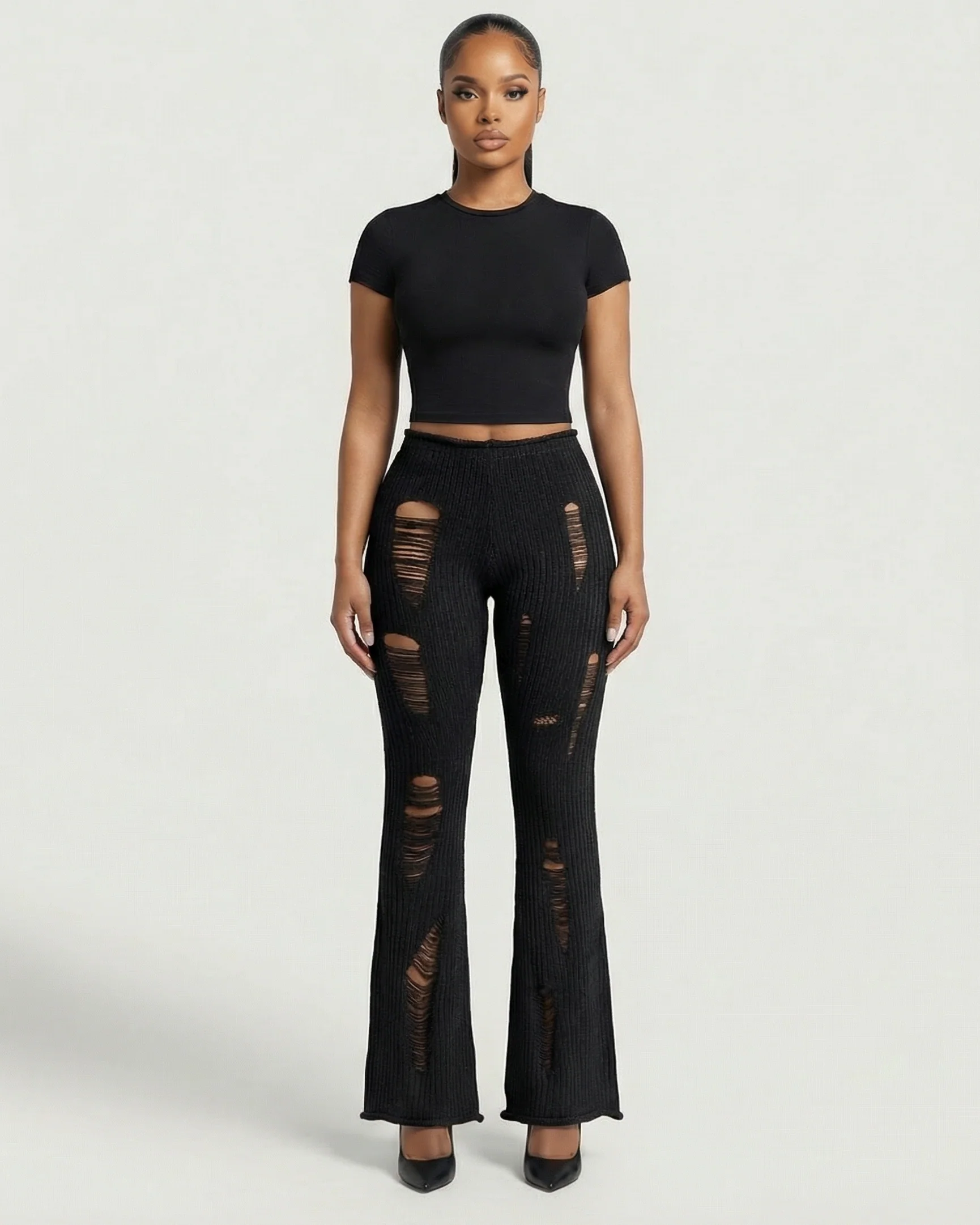 ALOMA Ripped Ribbed Knit Flared Pants - Image 6