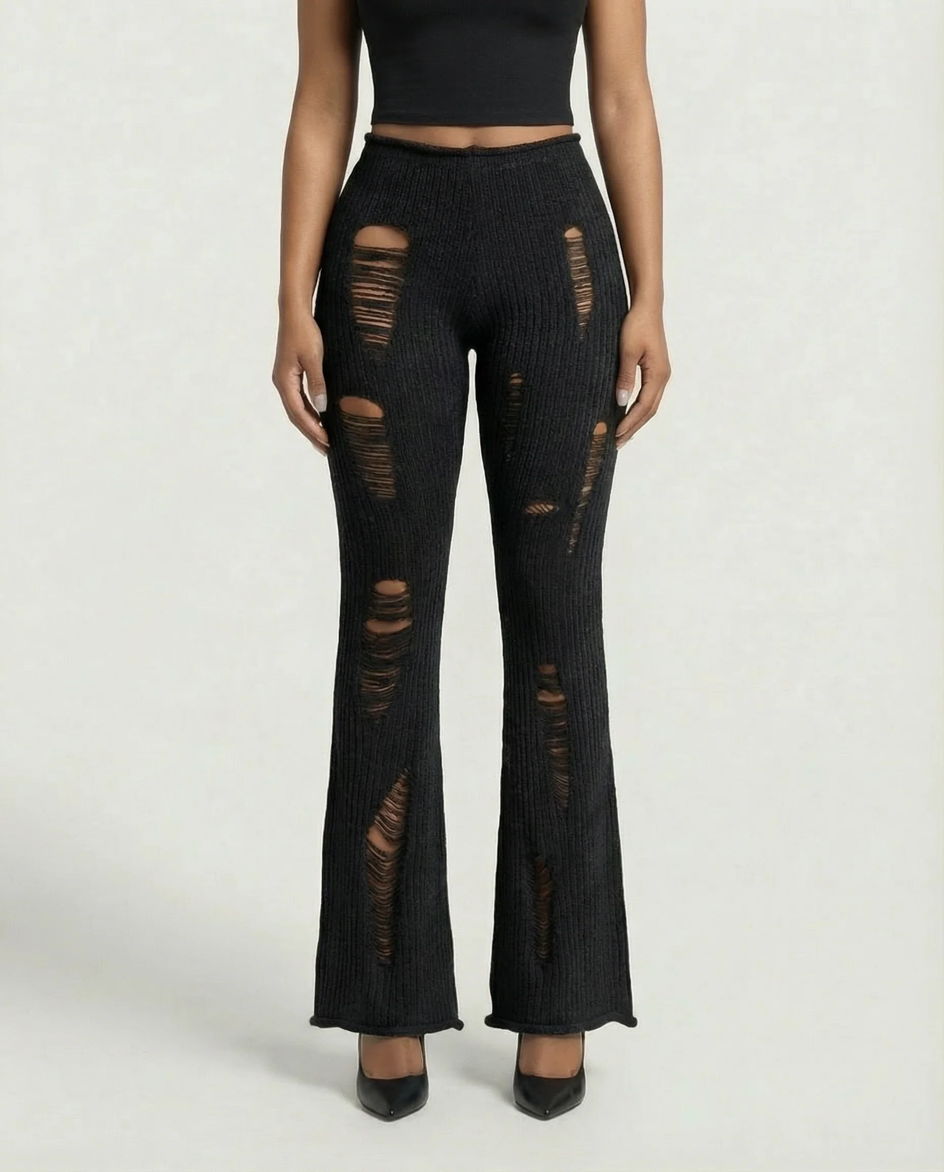 ALOMA Ripped Ribbed Knit Flared Pants - Image 7