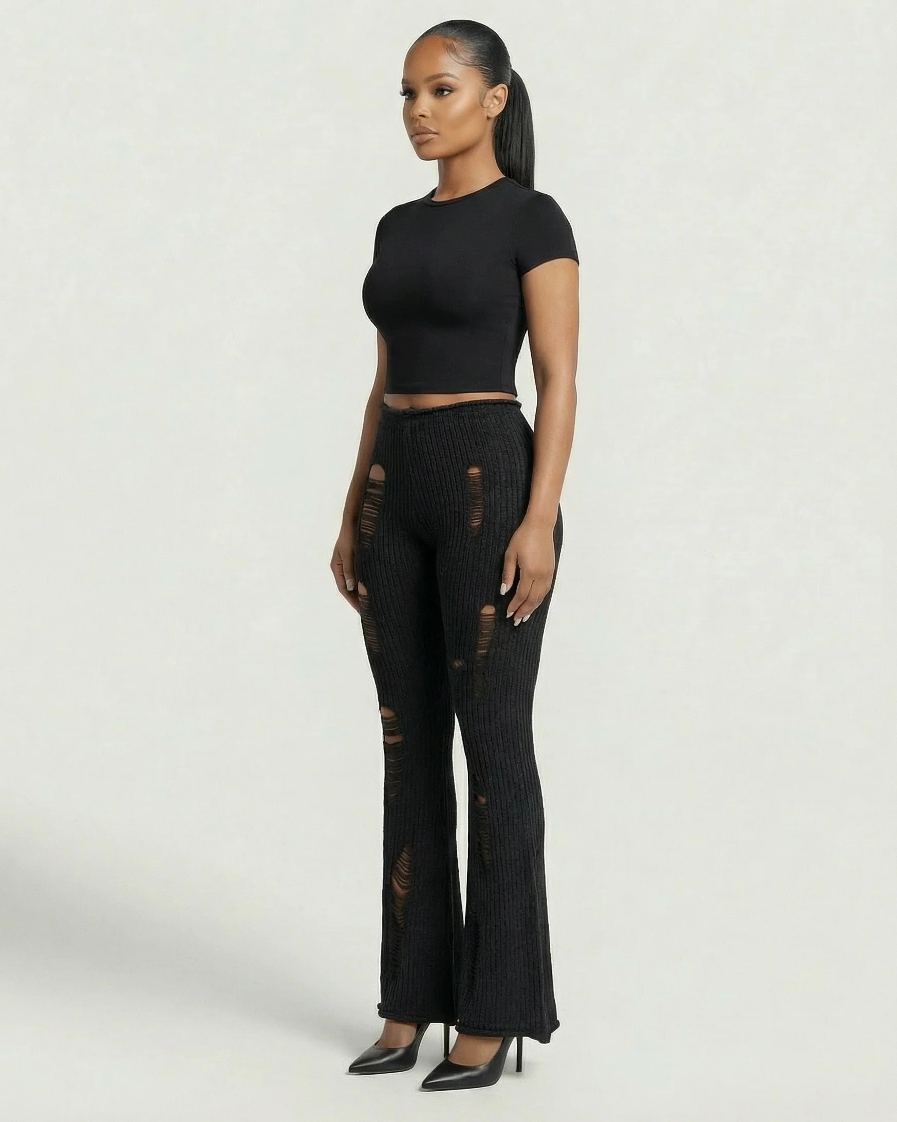 ALOMA Ripped Ribbed Knit Flared Pants - Image 8