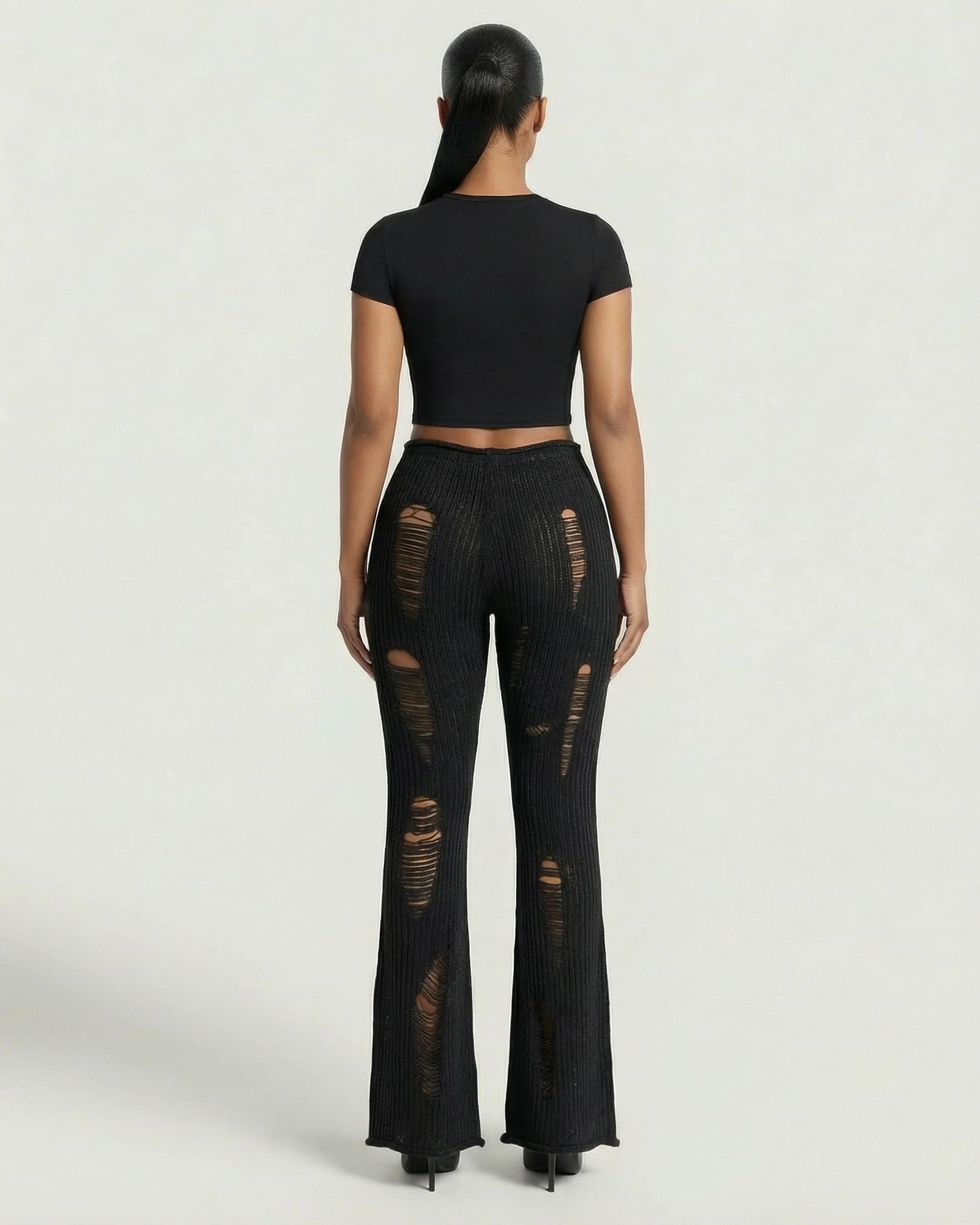 ALOMA Ripped Ribbed Knit Flared Pants - Image 9