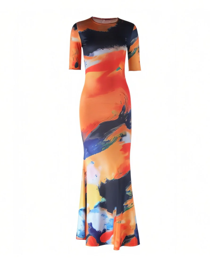 CAIA Round Neck Short Sleeve Printed Maxi Dress - Image 3