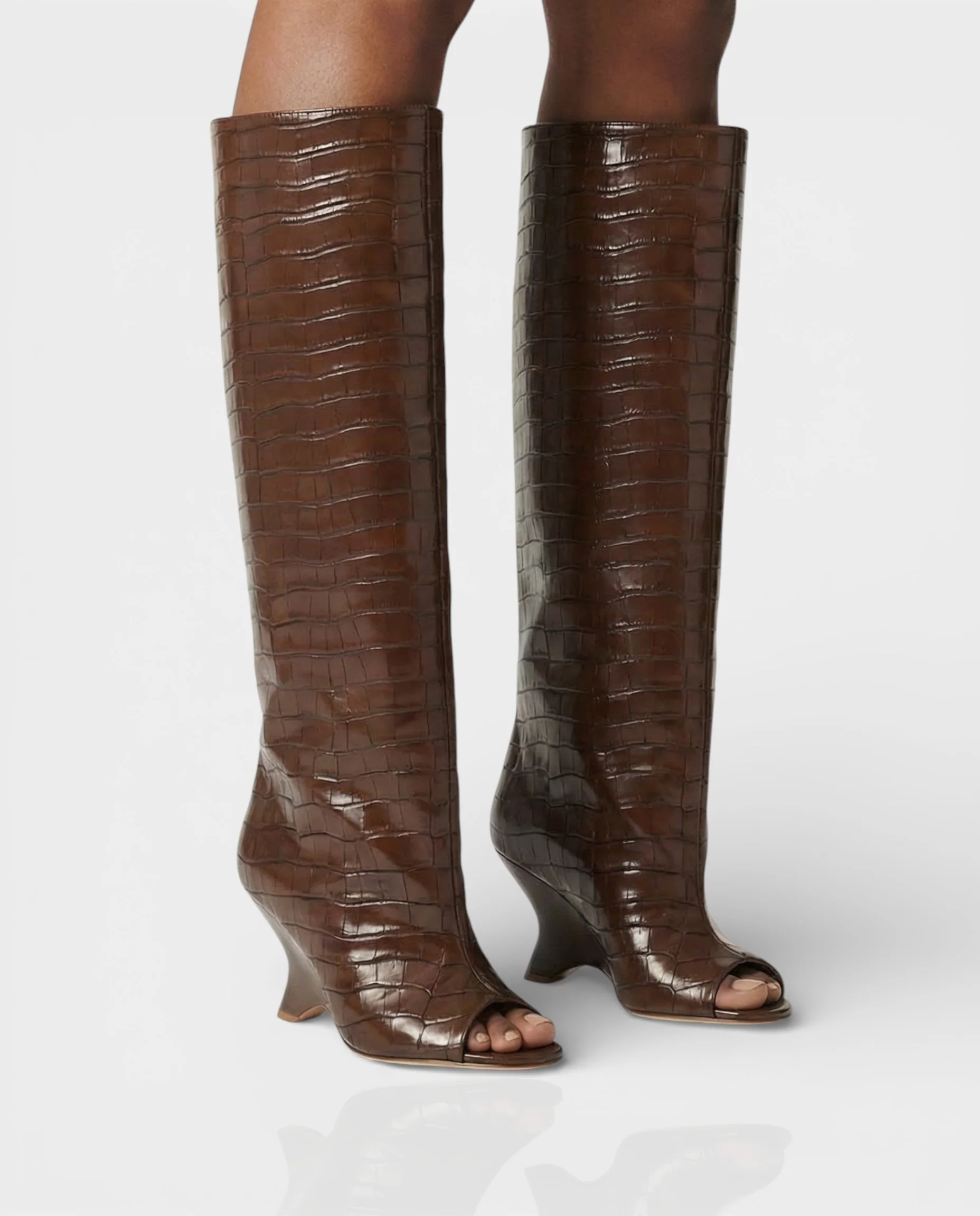 HELIRA Peep Toe Wedge Knee High Boots - Image 18
