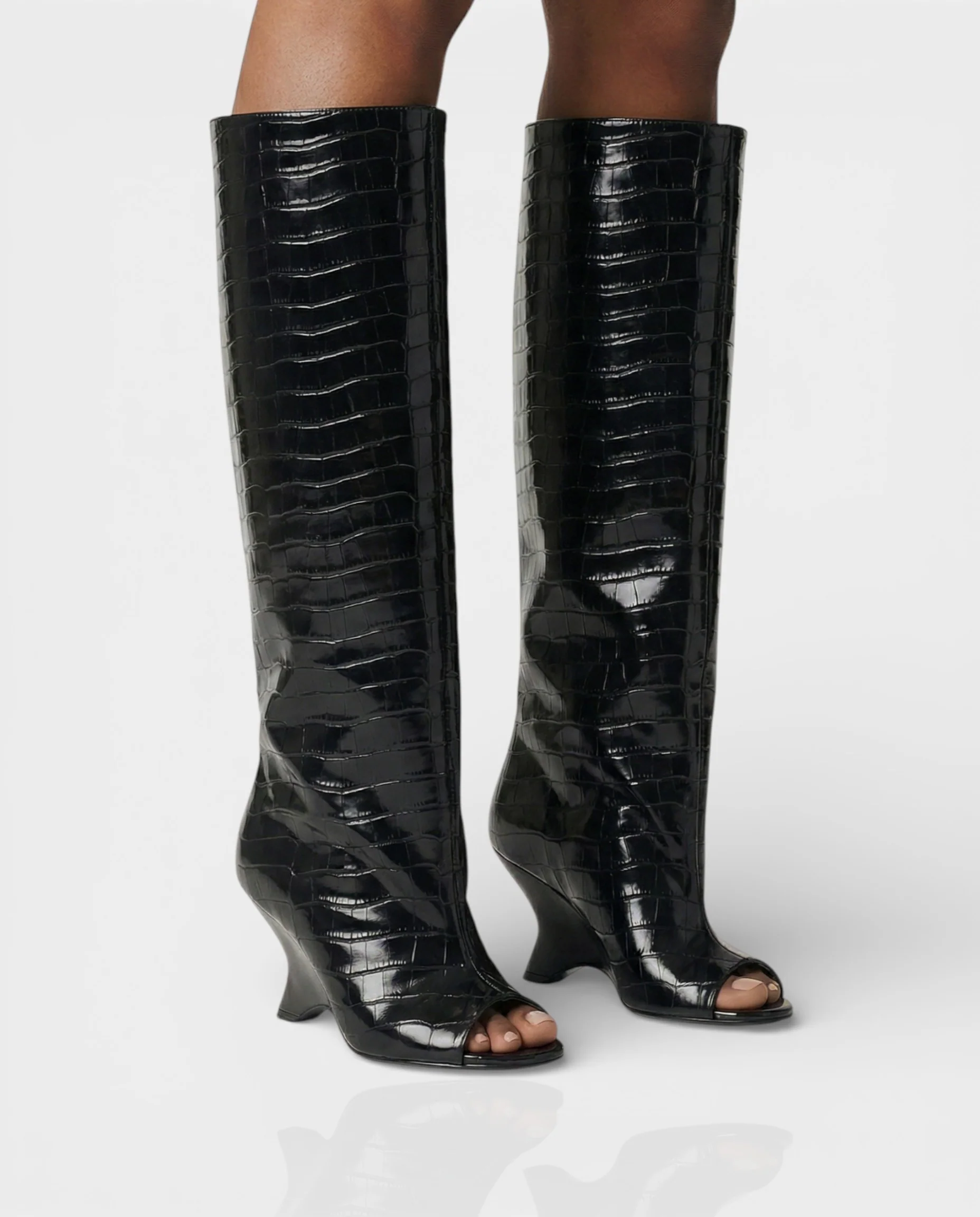HELIRA Peep Toe Wedge Knee High Boots - Image 21