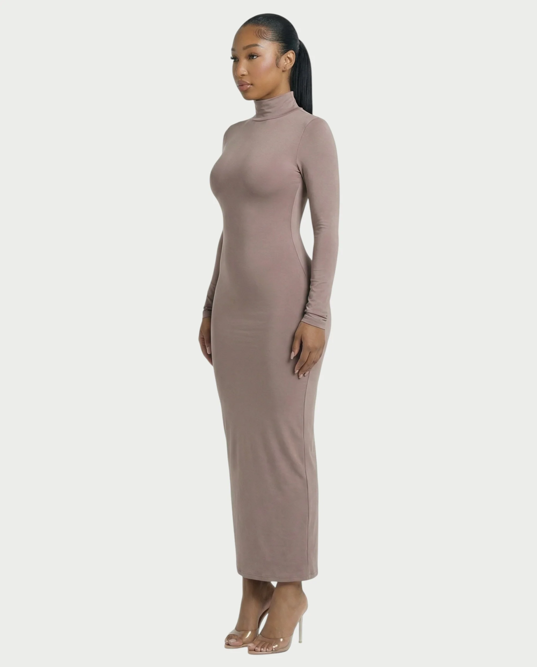 Mock Neck Long Sleeve Bodycon Maxi Dress - Image 3