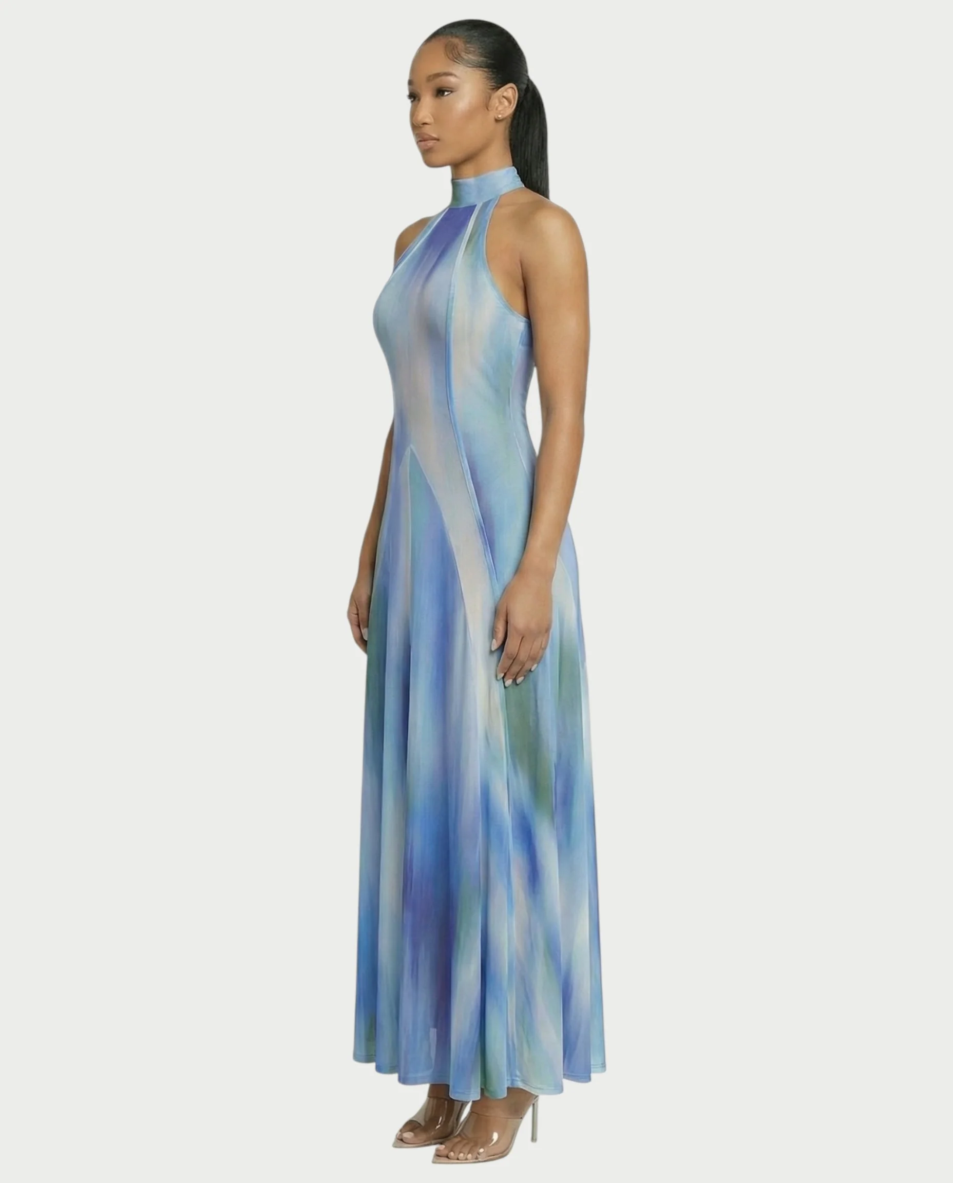 REBECCA High Neck Watercolor Maxi Dress - Image 3