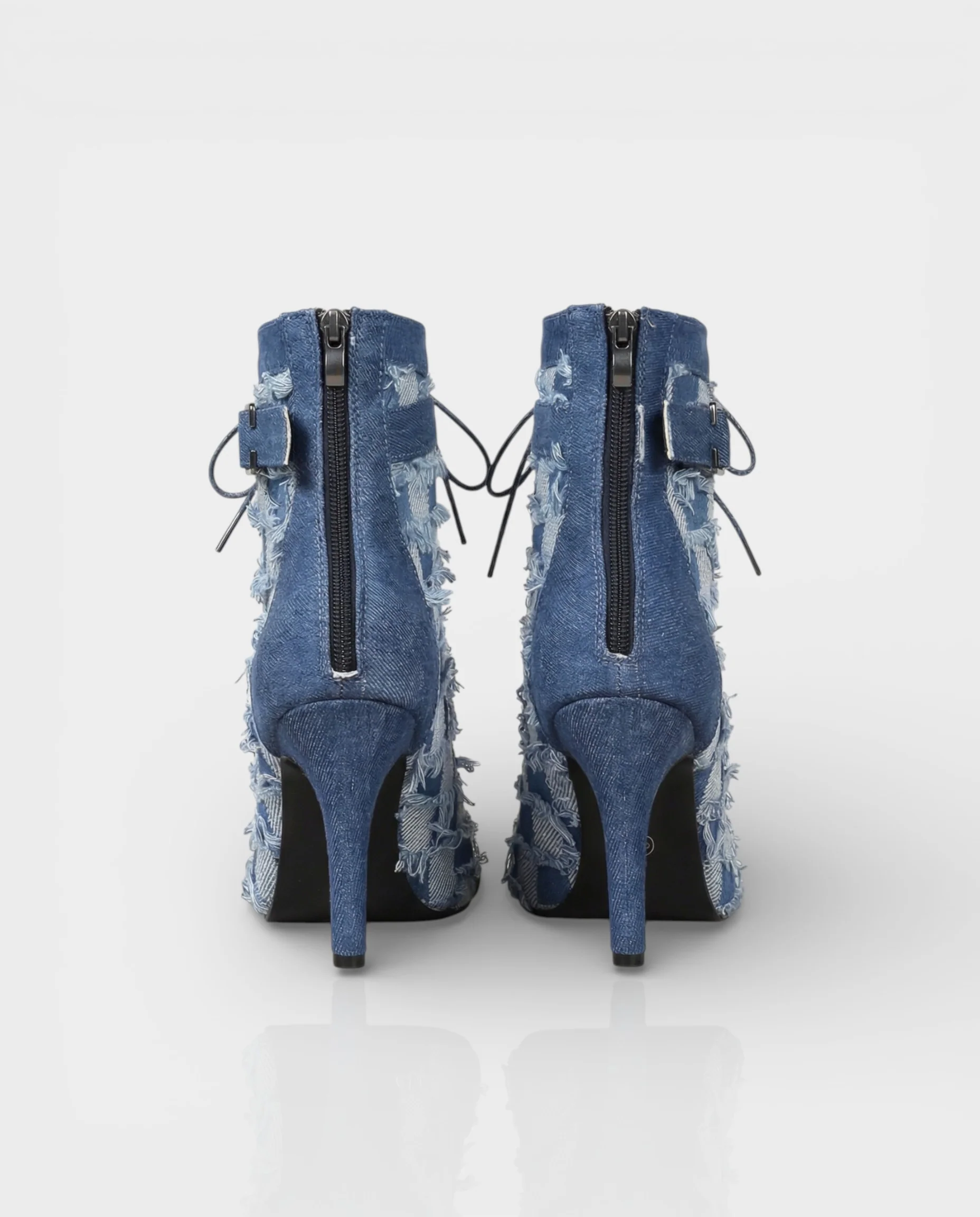 REIKO Buckled Ankle Strap Lace-Up Denim Boots - Image 3