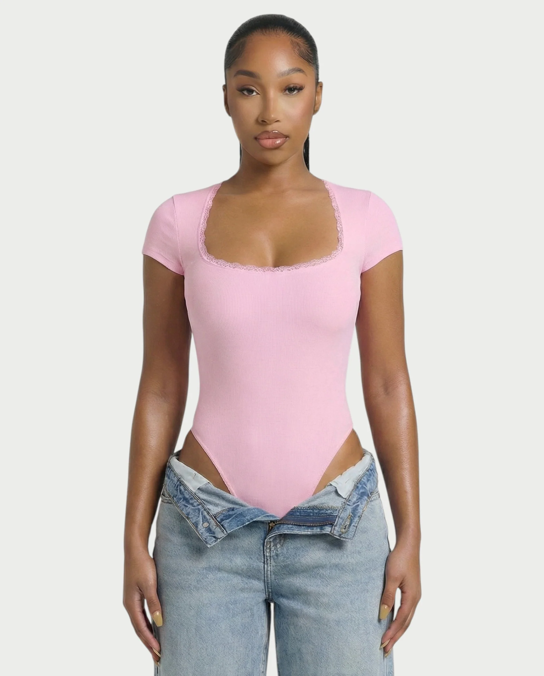 Ribbed Lace-Trim Square Neck Bodysuit - Image 11