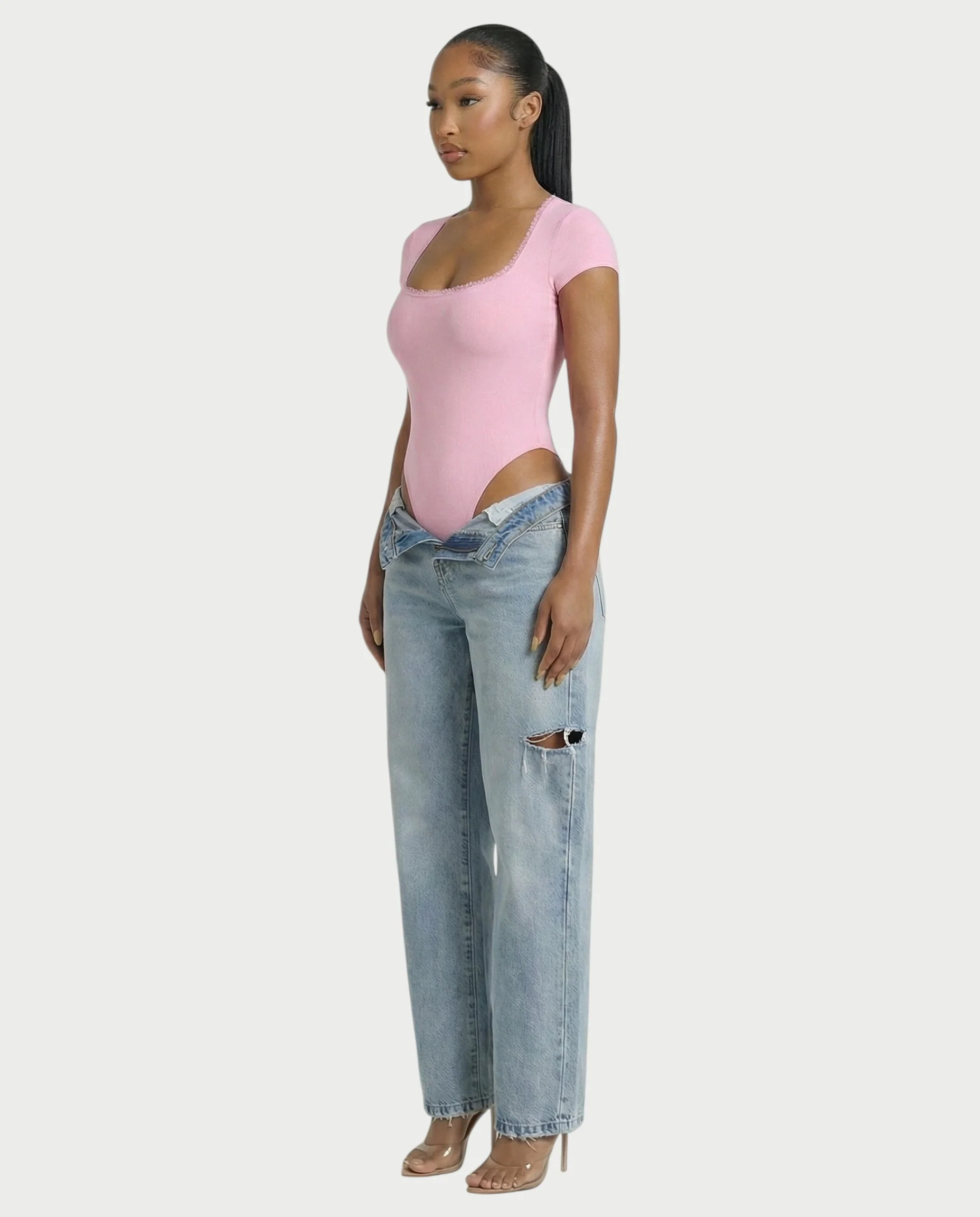 Ribbed Lace-Trim Square Neck Bodysuit - Image 13