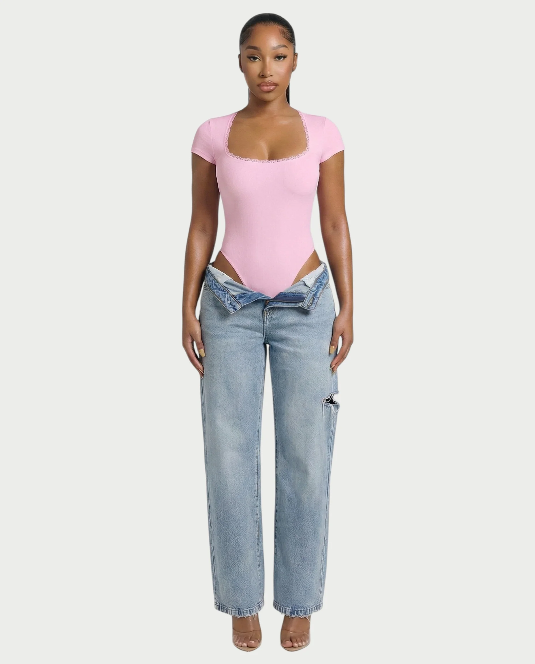 Ribbed Lace-Trim Square Neck Bodysuit - Image 14