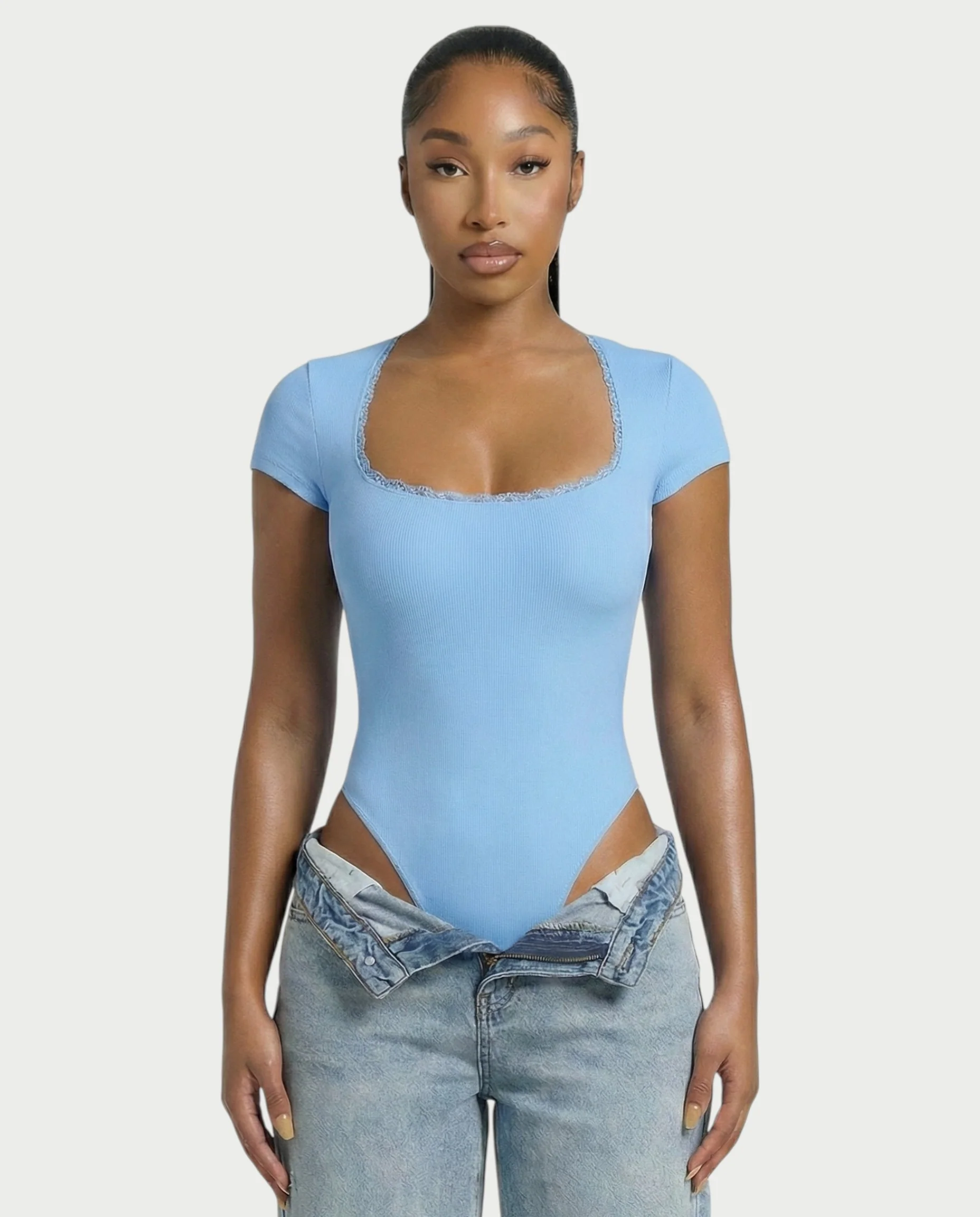 Ribbed Lace-Trim Square Neck Bodysuit - Image 16