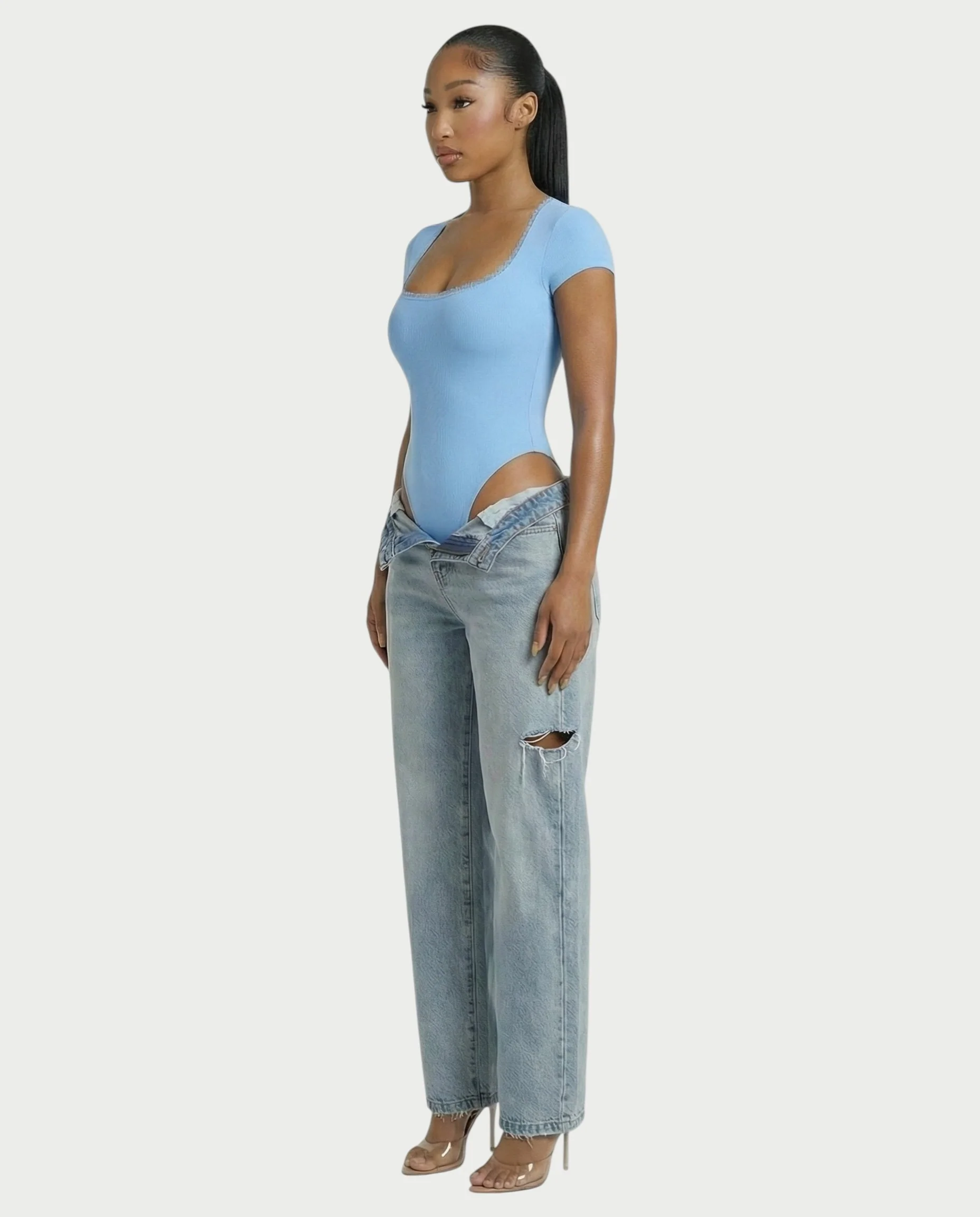 Ribbed Lace-Trim Square Neck Bodysuit - Image 18