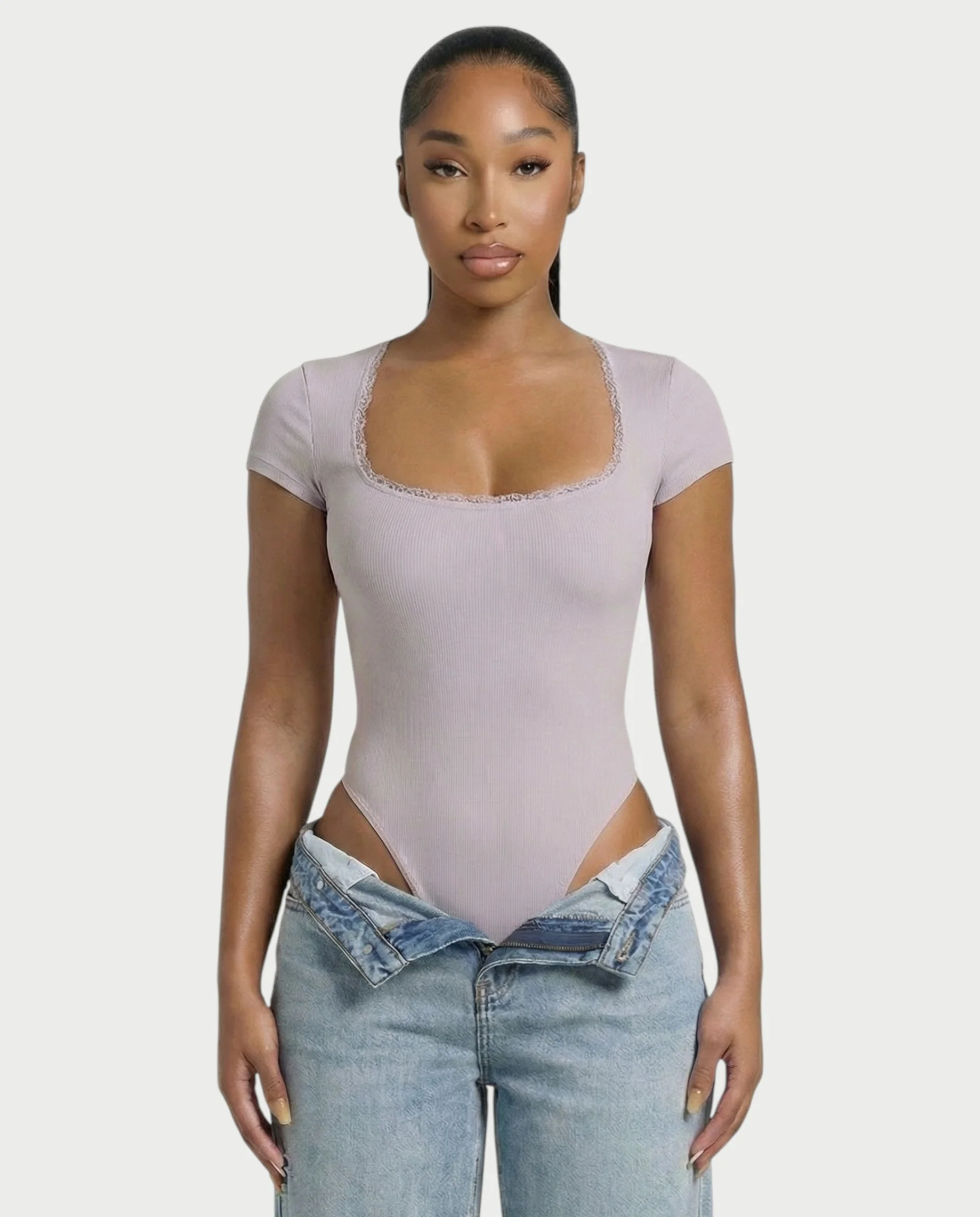Ribbed Lace-Trim Square Neck Bodysuit - Image 21