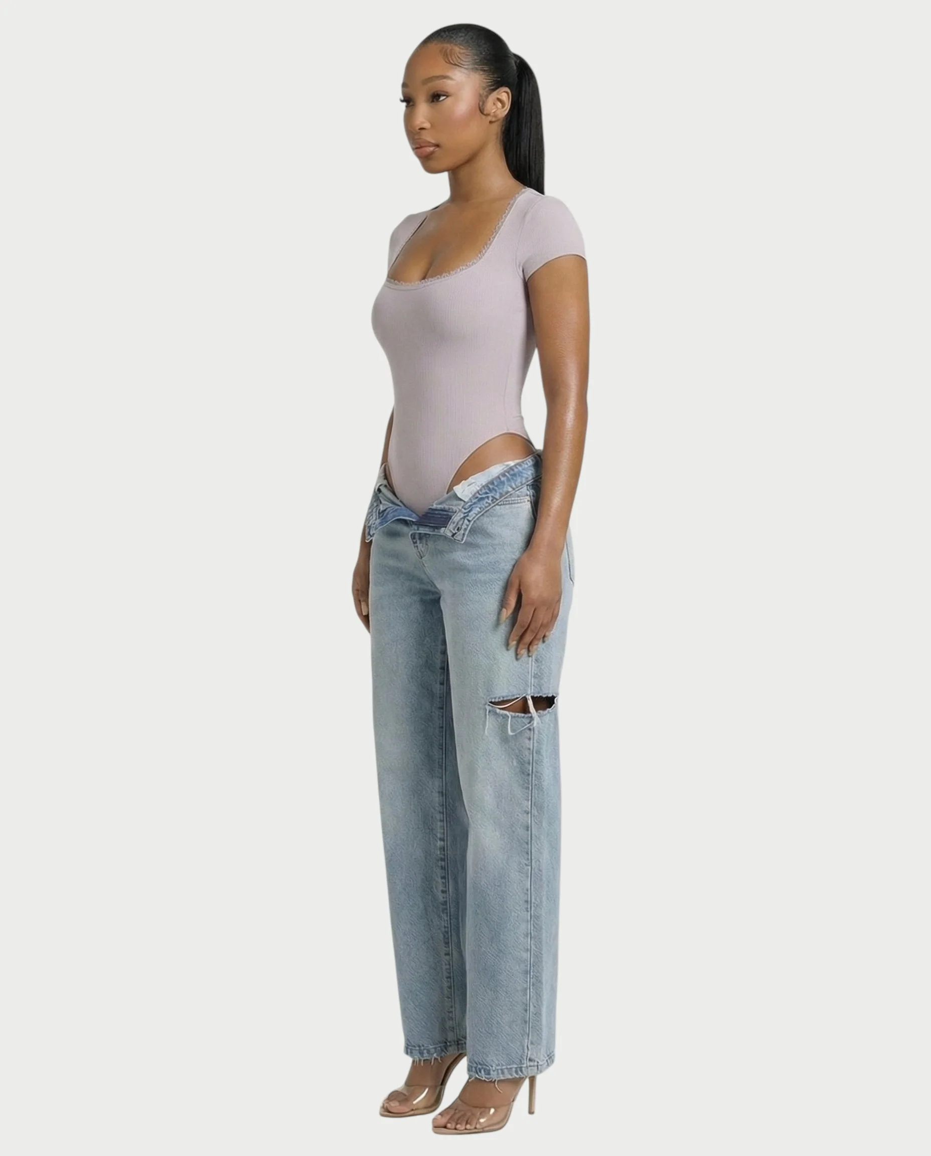 Ribbed Lace-Trim Square Neck Bodysuit - Image 23