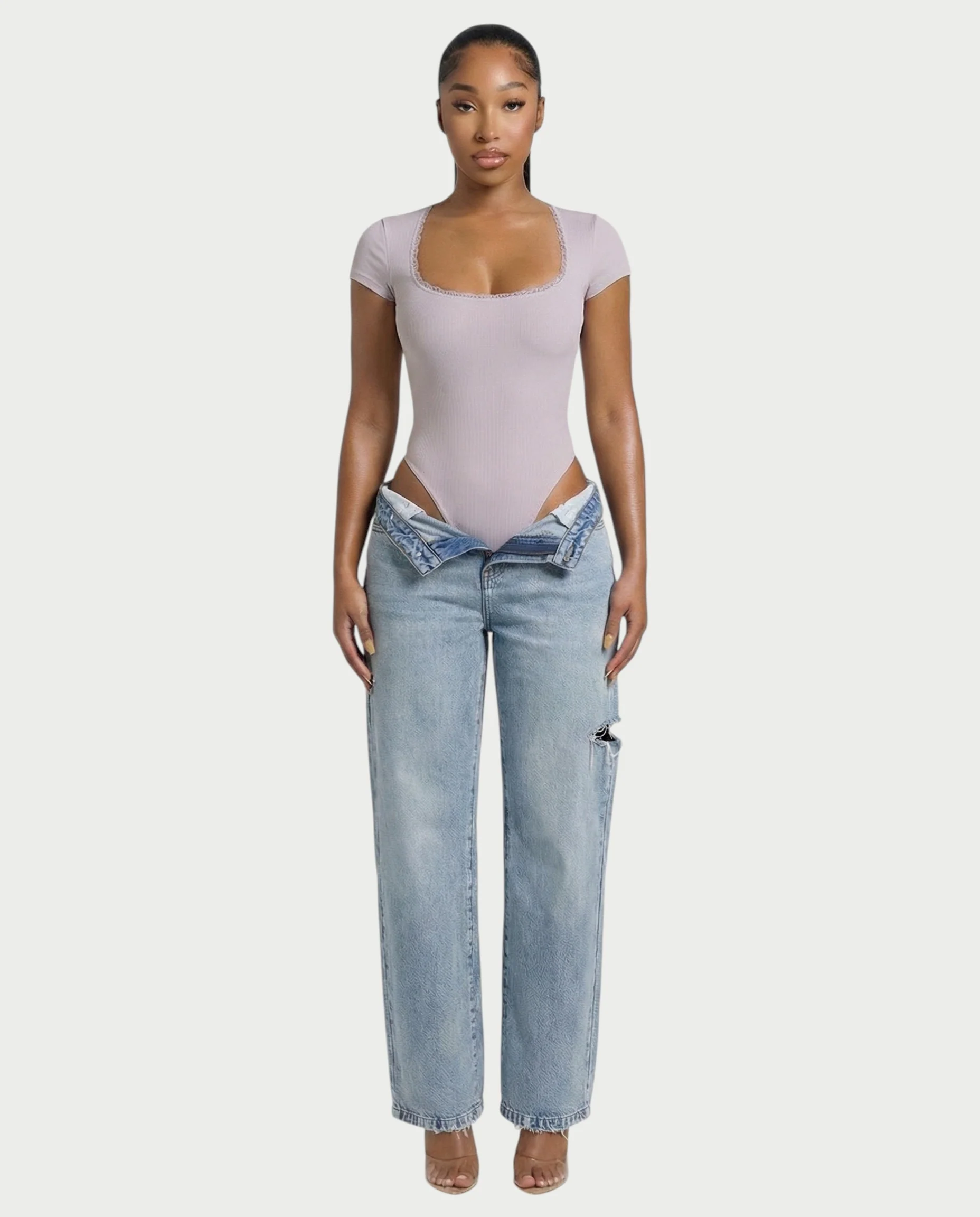 Ribbed Lace-Trim Square Neck Bodysuit - Image 24