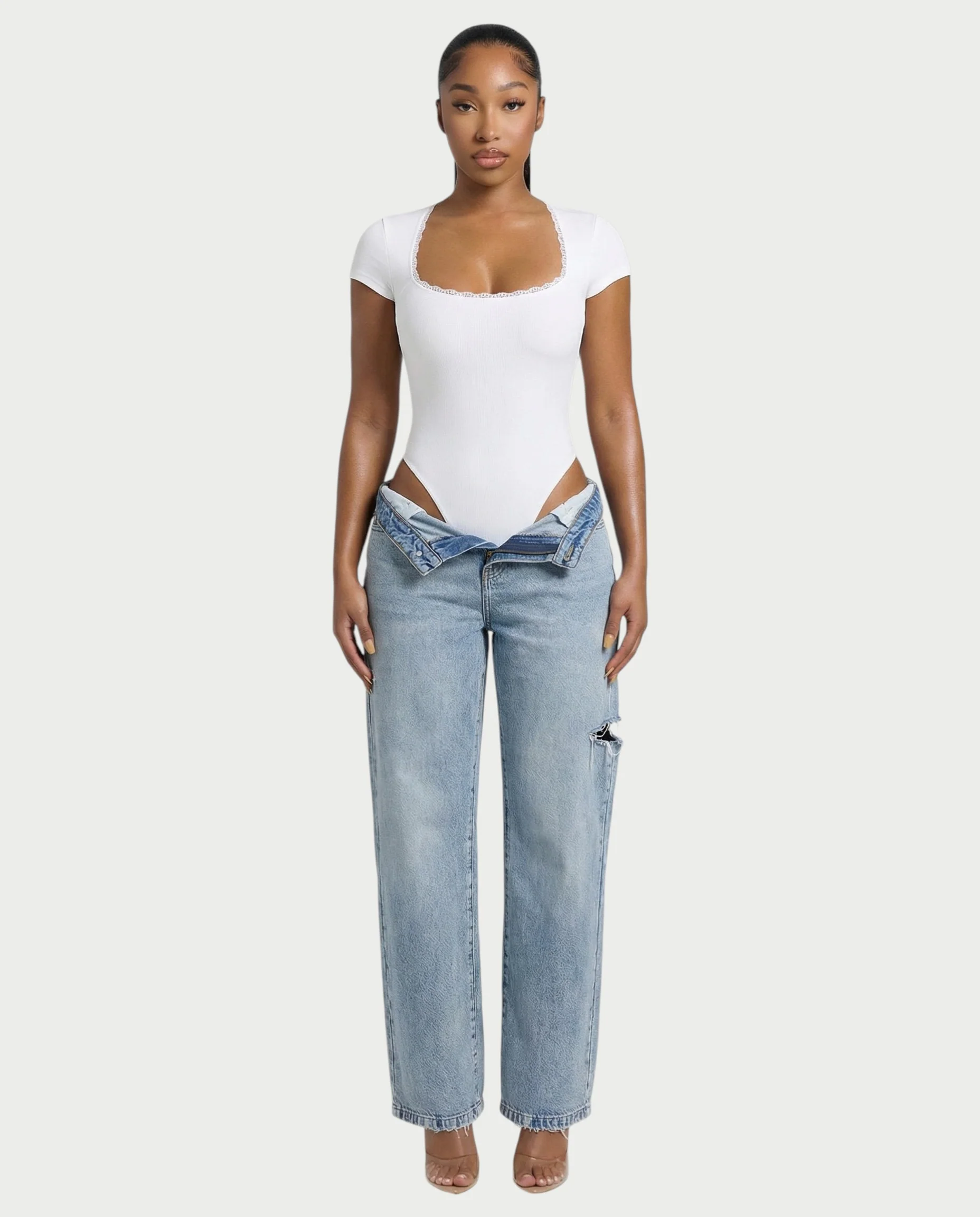 Ribbed Lace-Trim Square Neck Bodysuit - Image 4