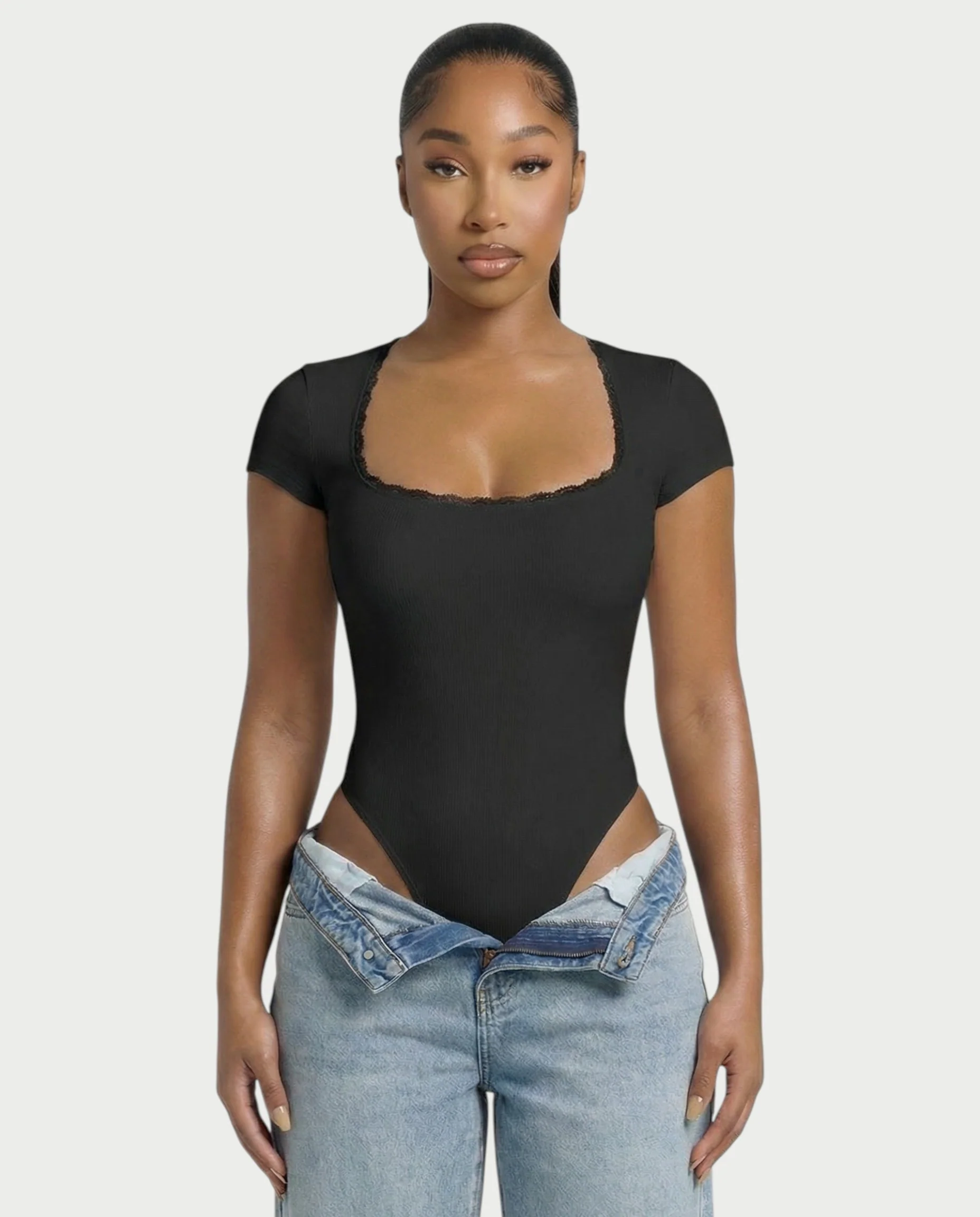 Ribbed Lace-Trim Square Neck Bodysuit - Image 6