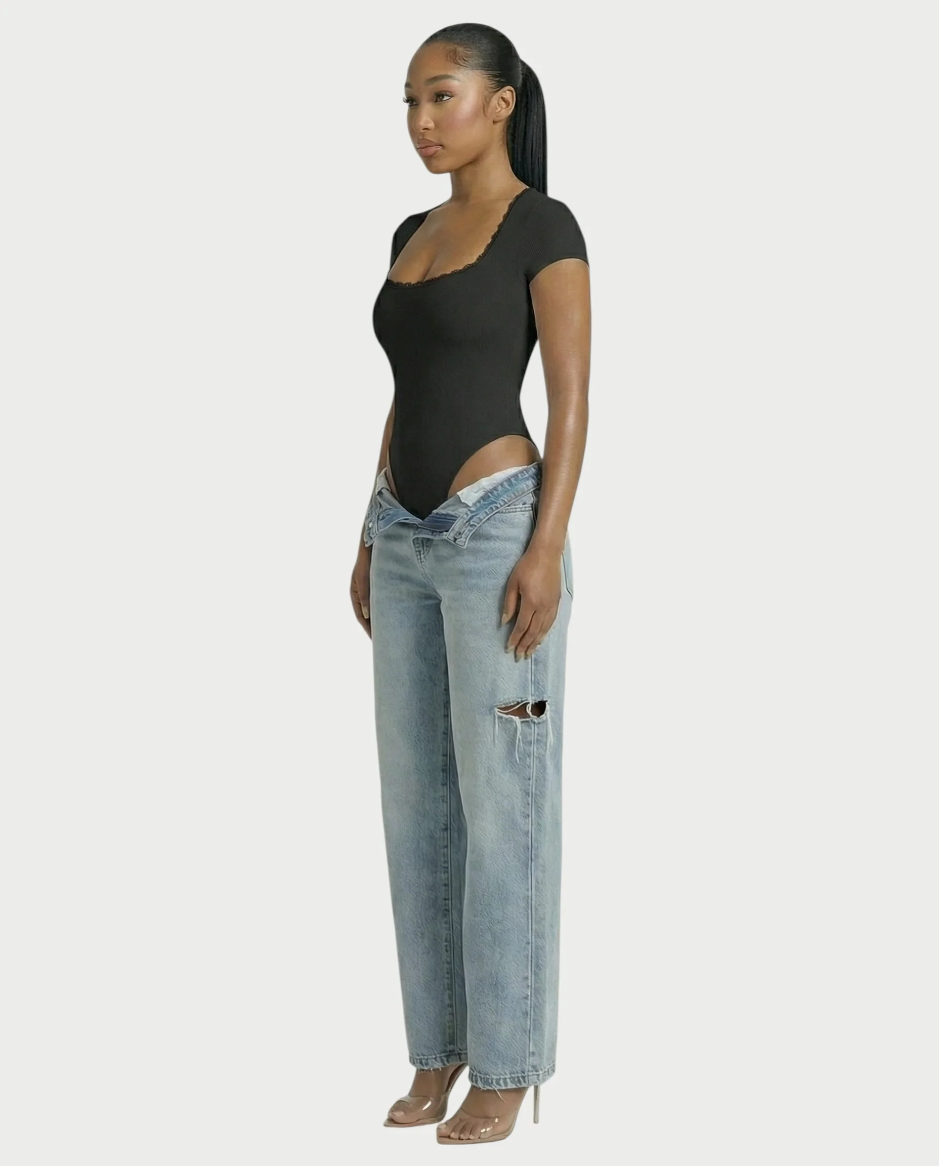 Ribbed Lace-Trim Square Neck Bodysuit - Image 8