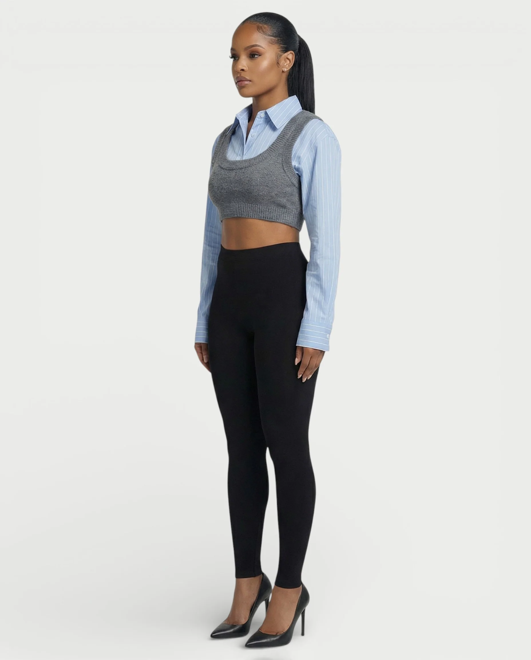 SARIEL Striped Long Sleeve Shirt & Knit Crop Top Set - Image 3