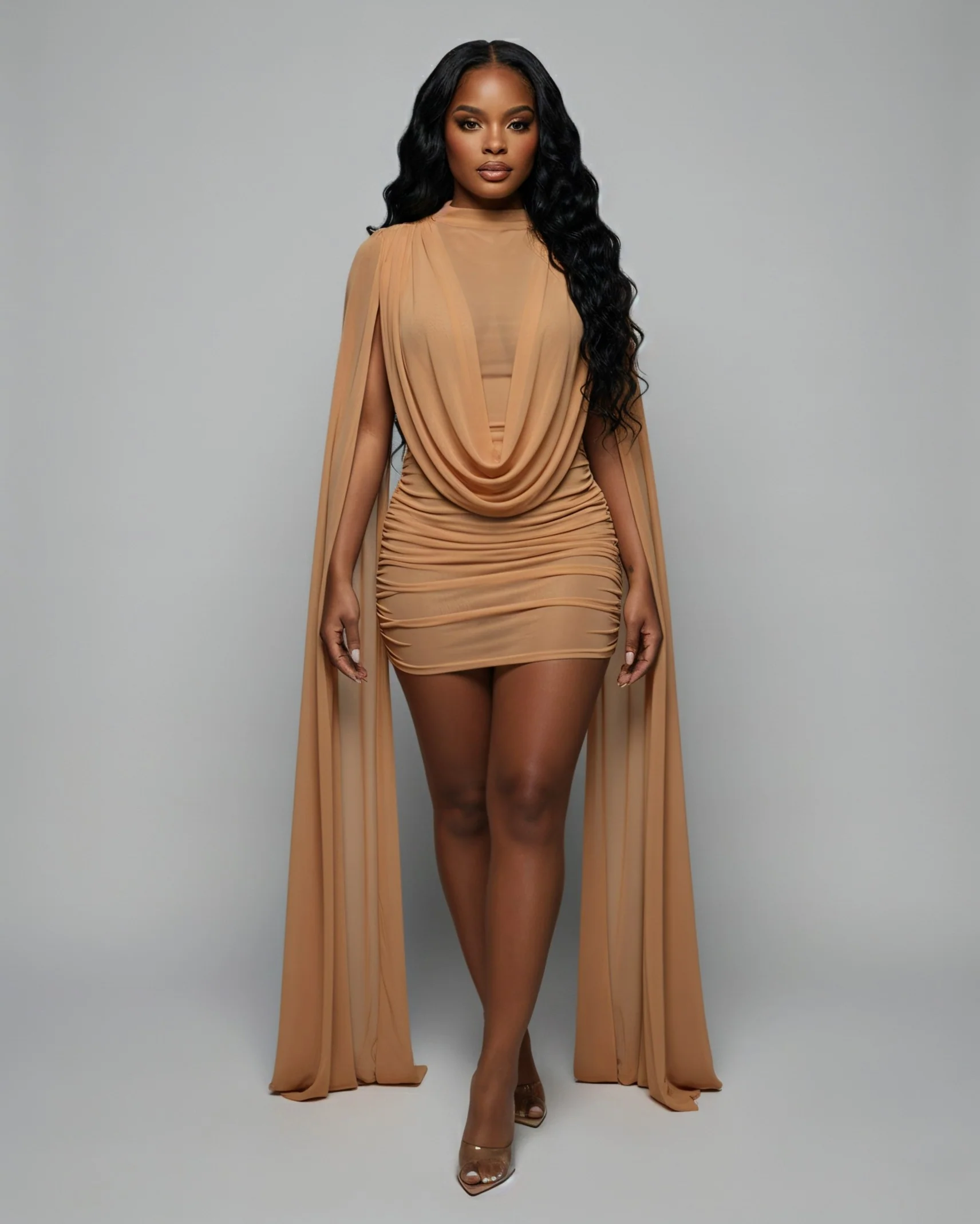WAYONA High-Neck Mesh Draped Mini Dress - Image 5