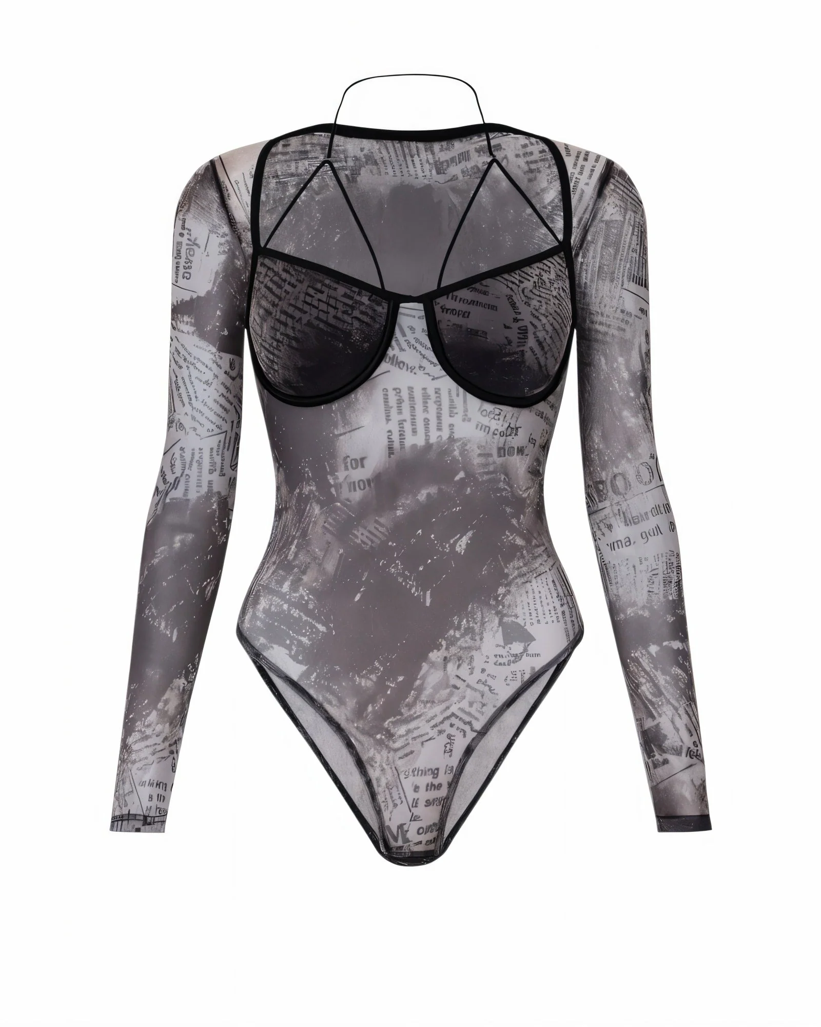 ZHONYA Newspaper Print Mesh Harness Bodysuit - Image 3
